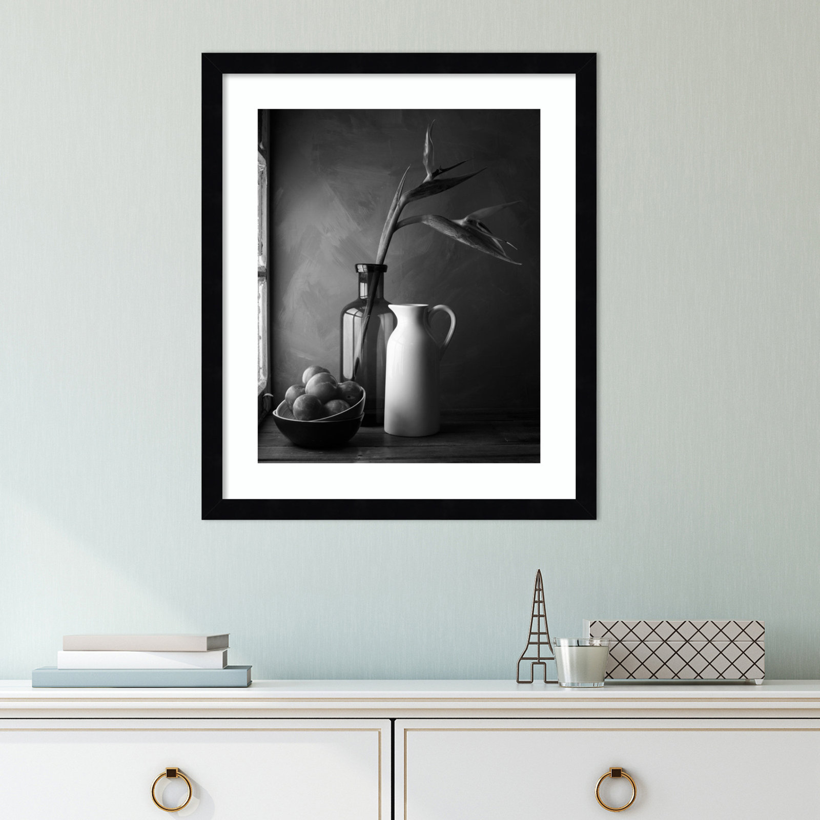 Plums and Jars Still Life Photo Print, 18" H x 16" W, Black