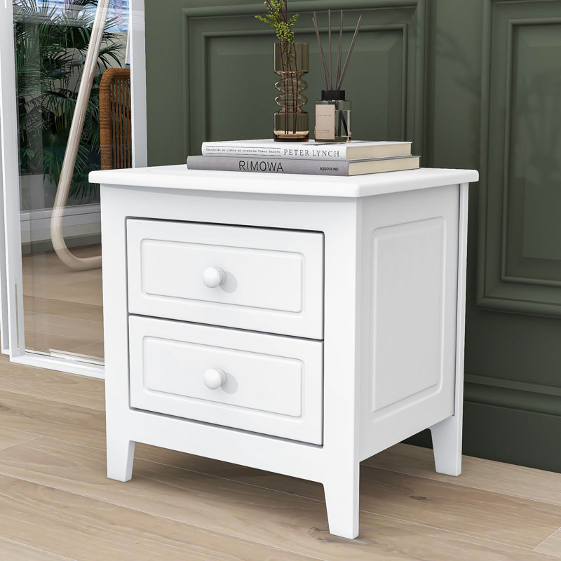 Table de chevet 2 tiroirs, table de chevet rétro Mid-Century avec design classique, Blanc