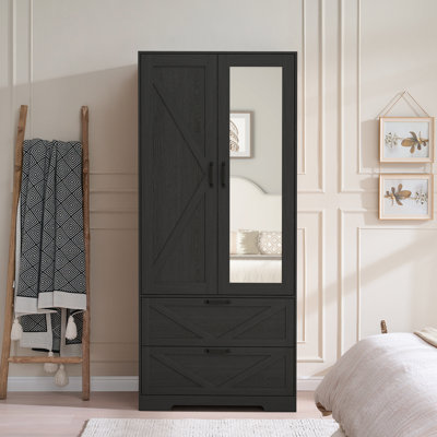 2 Door Wood Wardrobe For Bedroom With Hanging Clothing Rod
