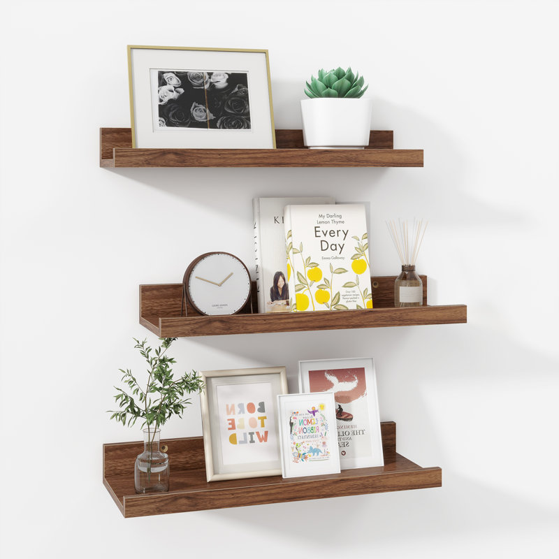 Parece Wall-Mounted Floating Shelves for Bedroom, Living Room, 2" H x 16" W x 5" D, Walnut