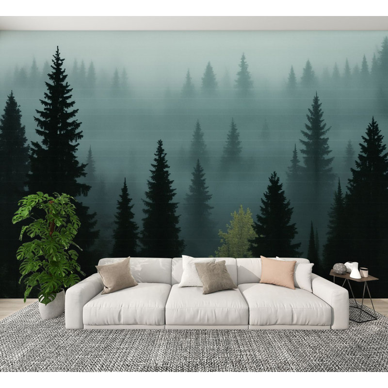 Papier peint adhésif forêt forêt de pins brumeux, arbres vert foncé, atmosphère brumeuse, papier peint amovible en PVC, H 100 po x l 144 po, pour le bureau de la chambre à coucher, bureau à domicile