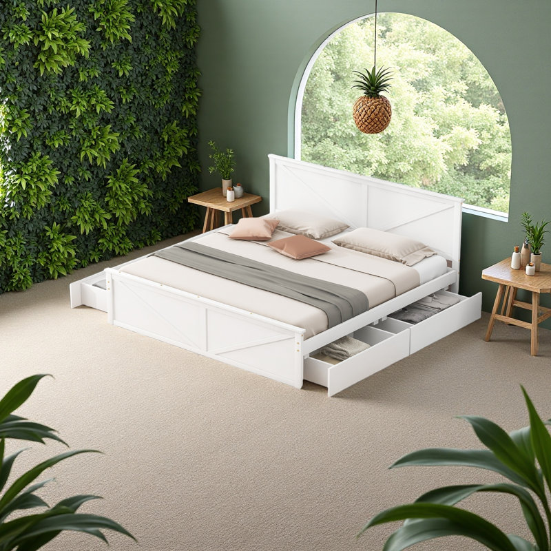 Lit plateforme en bois avec quatre tiroirs de rangement et pieds de soutien, Très grand lit, Blanc