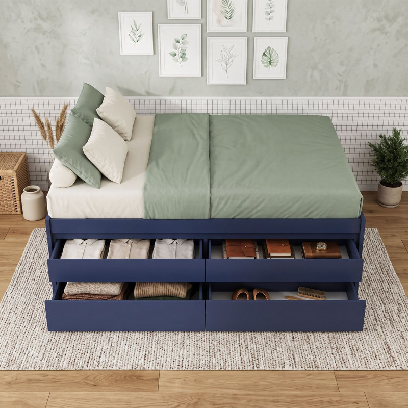 Lit plateforme avec tiroirs de rangement sous le lit et sommier à lattes pour un gain d'espace, Lit double, Marine
