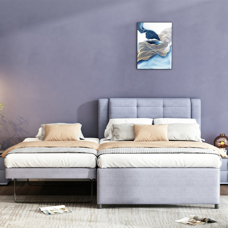Lit plateforme tapissier avec lit gigogne, gris