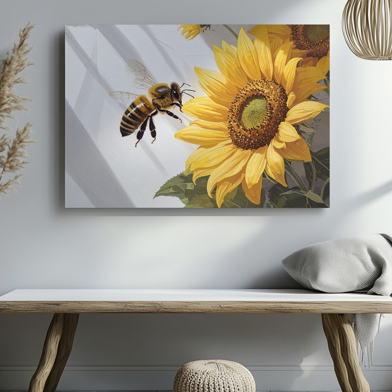 Art mural, tournesol et abeille, été, H 30 po x l 30 po