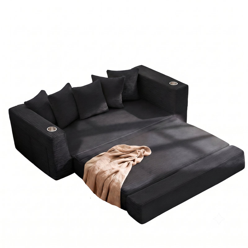 Canapé-lit pliant convertible peu encombrant avec porte-gobelets et rangement, L 38,75 po x l 82,25 po x H 32,5 po, Black