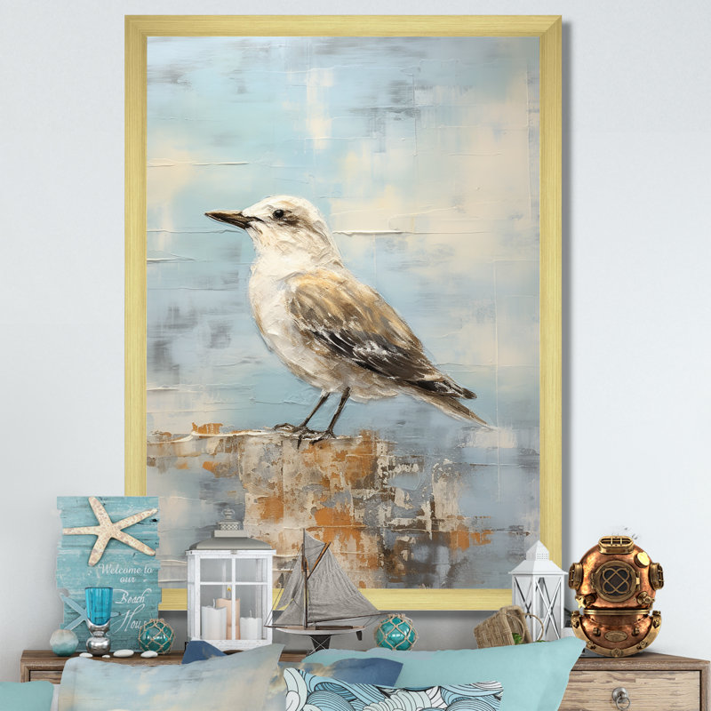Beige et bleu mouette tranquillité sur toile, Cadre doré simple, H 40 po x l 30 po x P 1,5 po