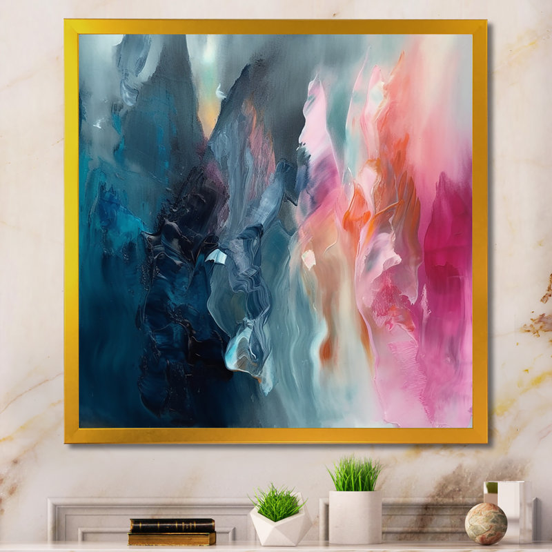 «Desyree Blue and Pink Spatula Abstract», art mural abstrait, Cadre doré, L 24 po x H 24 po