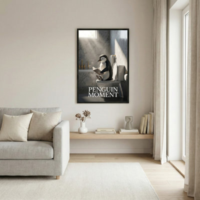 Pingouin lisant sur une toile tendue sur toile, reproduction d'art sur toile avec texte, pingouin, moment, décor humoristique moderne pour la salle de bain ou le salon