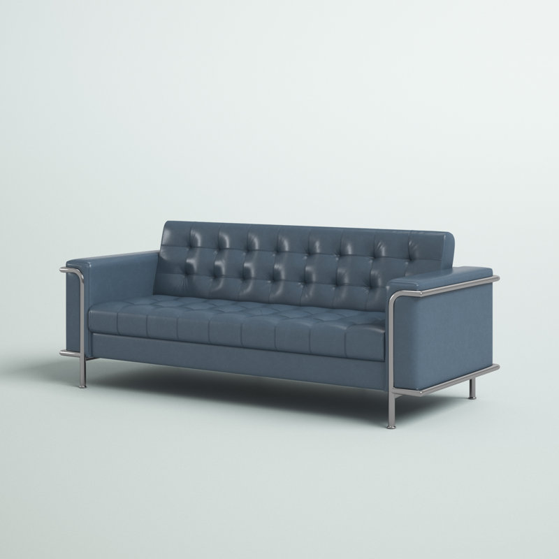 Modern Gray Faux Leather Tufted Sofa with Metal Frame