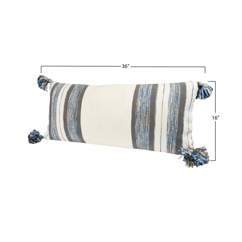 Modern Blue & Grey Striped Cotton Blend Lumbar Pillow with Tassels, 36" x 16"