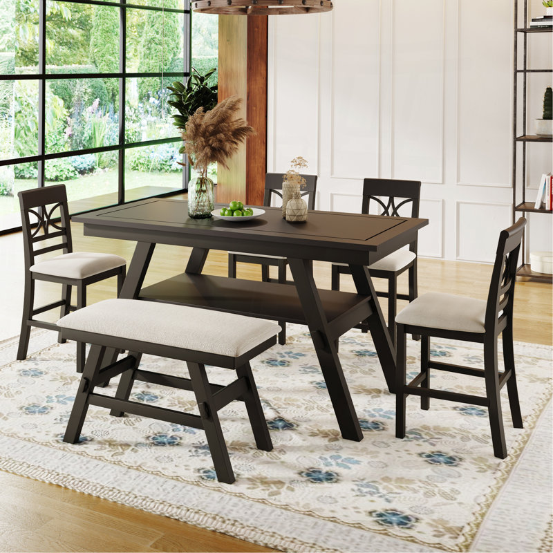Ensemble de table de salle à manger 6 pièces à hauteur de comptoir en bois avec tablette de rangement, ensemble de table de cuisine avec banc et 4 chaises, style rustique