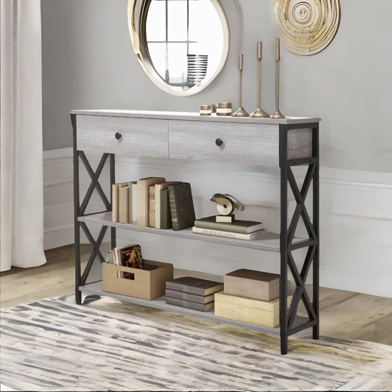 3 Tier Console Table With 2 Drawers and Storage Shelves