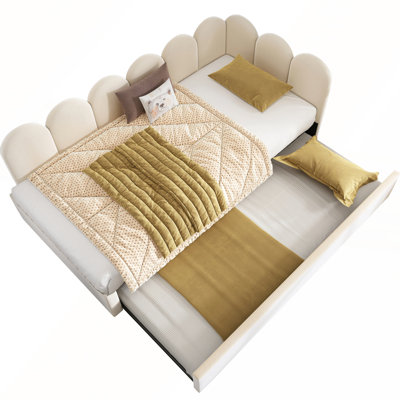 Upholstered Daybed with Pull-Out Trundle and Metal Slats for Adults and Kids