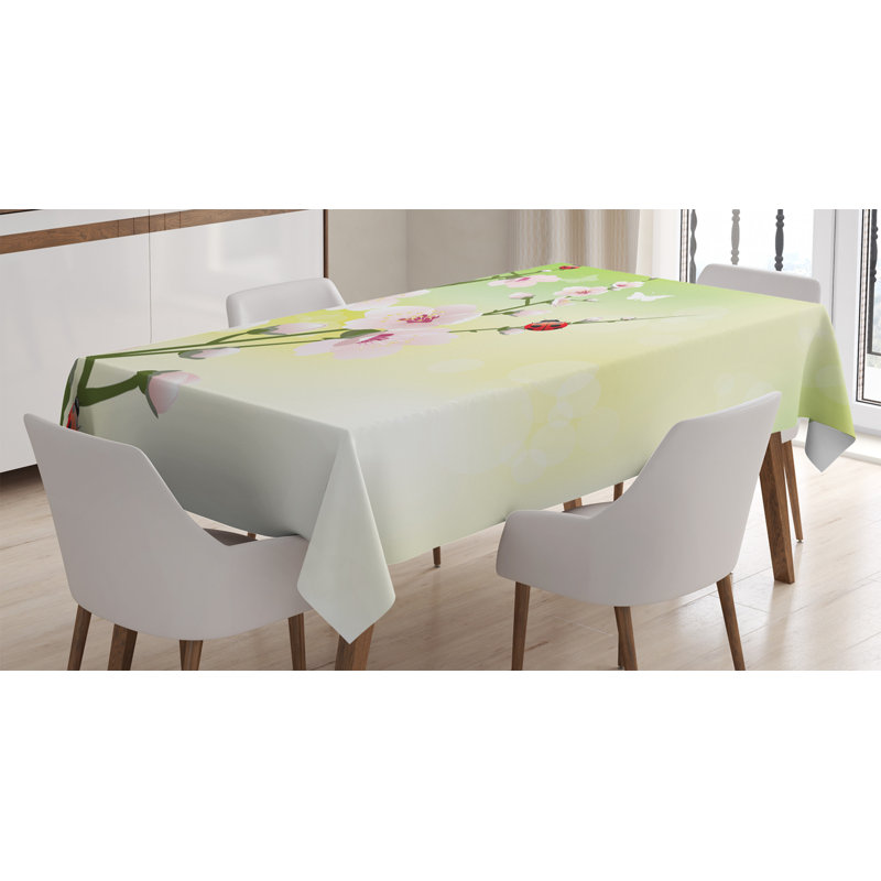 Ambesonne Ladybugs Tablecloth, Blooming Flowers In The Field And Ladybugs Japanese Leaf Petals Nature Graphic, Rectangular Table Cover For Dining Room Kitchen Decor, 60" X 90", Green Pink