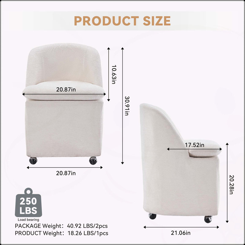 Ensemble de 2 chaises de salle à manger en chenille avec roues universelles, Chenille beige
