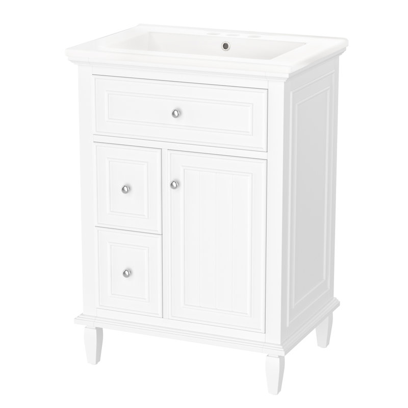 Meuble-lavabo 24 po avec lavabo intégré en céramique, Blanc, Argent argent