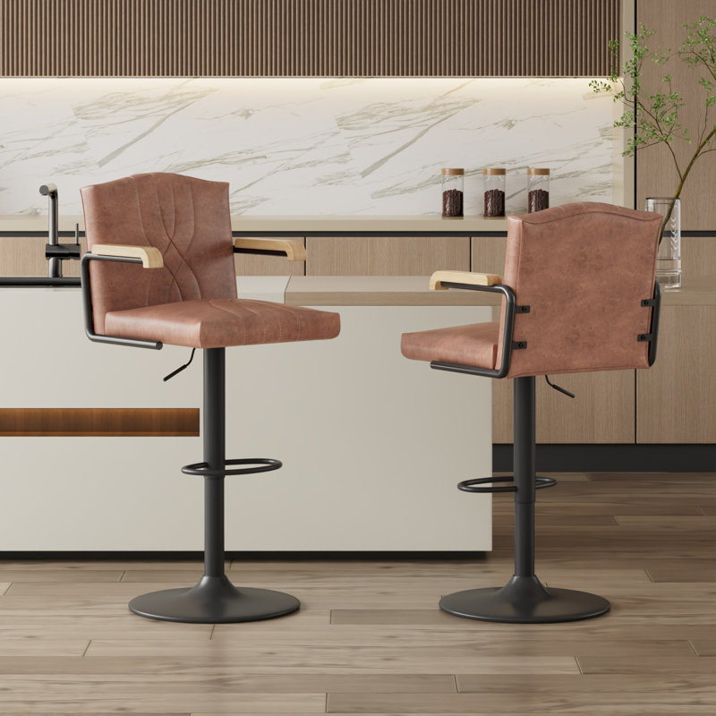 Set Of 2 Adjustable Swivel Bar Stools With Backs And Armrests, Faux Leather Kitchen Island Counter Height Bar Chairs With Round Metal Base And Footrest