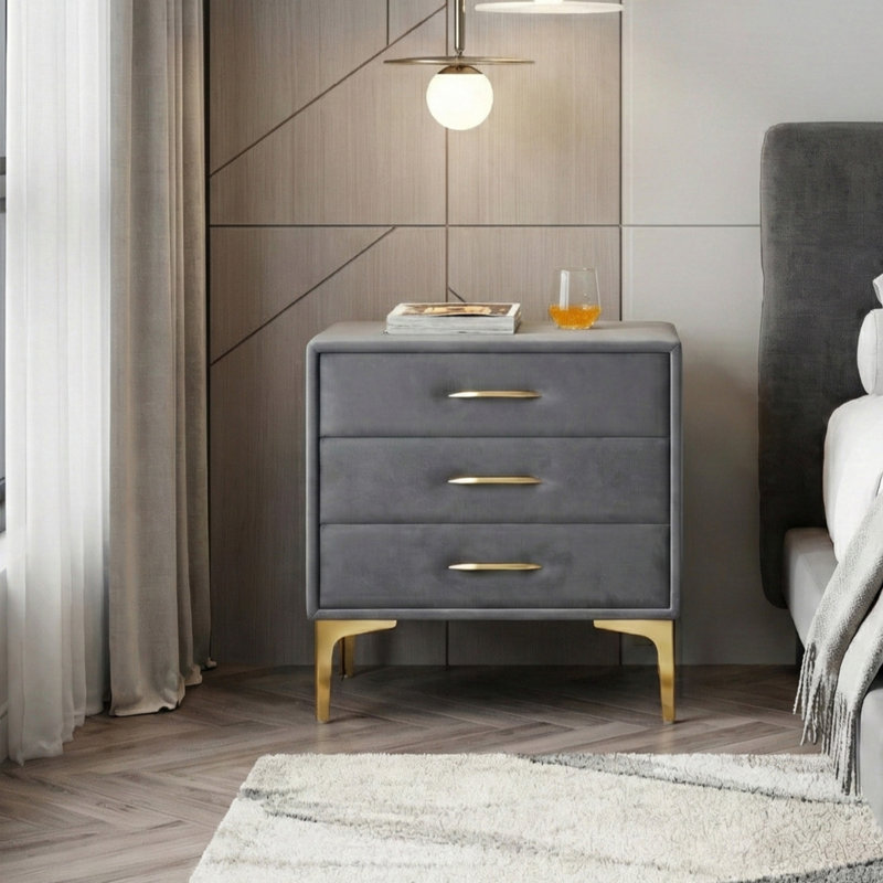 Elegant Velvet Upholstered Nightstand With Gold Legs, Gray Velvet 