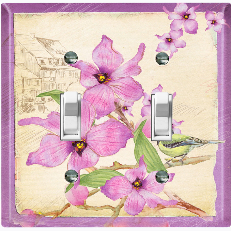 Plaque murale d'interrupteur à bascule mauve à 2 bandes avec fleurs mauves et oiseaux verts
