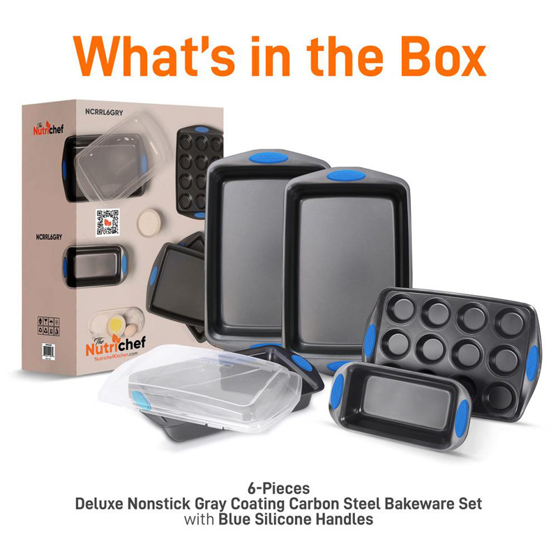 Nutrichef 6-Piece Baking Pan Set - Carbon Steel Stackable Bakeware With Blue Silicone Handles & Nonstick Coating, Includes Cookie Sheets, Roaster Pan With Lid, Loaf Pan, And 12 Cup Muffin Pan (Gray)