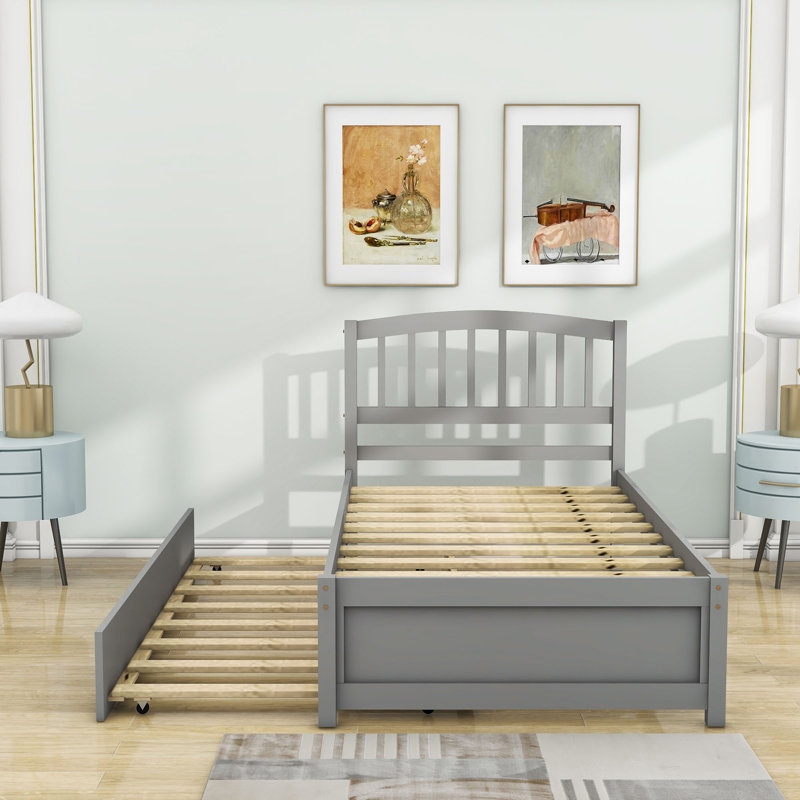 Mashud Twin Size Wood Platform Bed Frame with Trundle, Gray