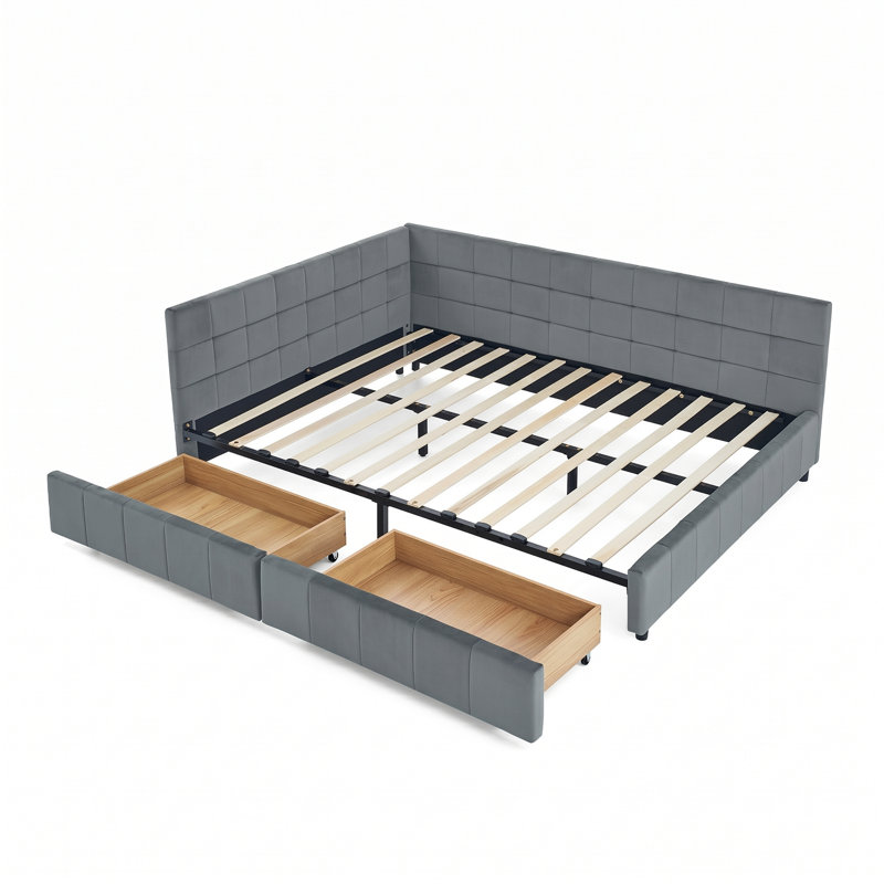 Modern Upholstered Queen Daybed with Drawers and Backrest for Bedroom or Guest Room, Grey
