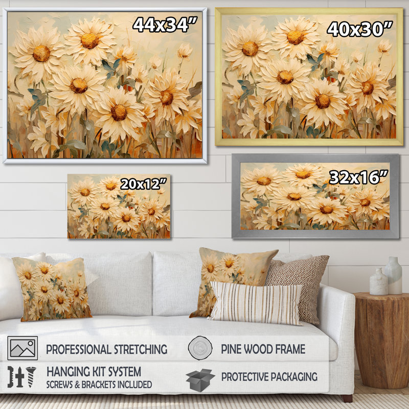 Minimalisme, tournesols beiges efflorescence I sur toile, Cadre flottant blanc, H 16 po x l 32 po x P 1 po