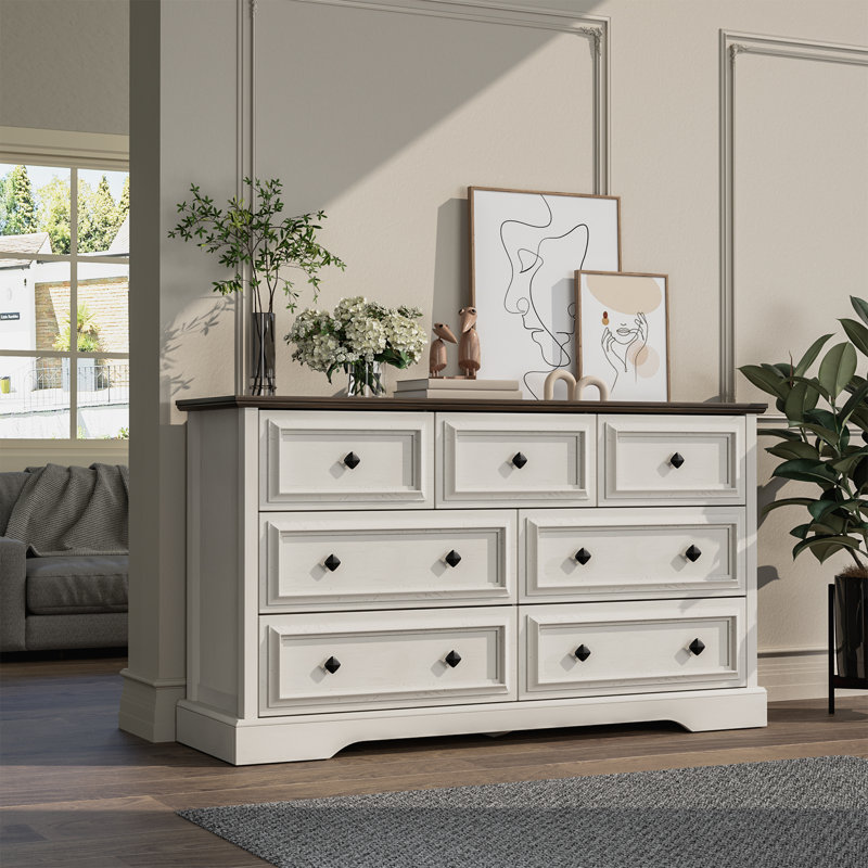 Commode 7 tiroirs Farmhouse pour chambre à coucher, blanc antique, Blanc / Brun