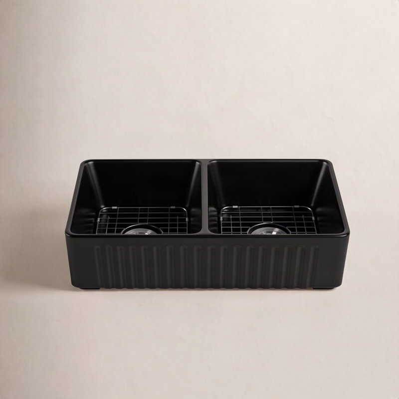 Eclipse 33" L x 18" W Double Bowl Farmhouse Kitchen Sink with Accessories, Black