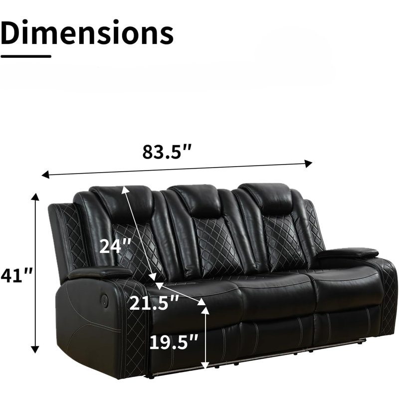 Canapé inclinable électrique de 83,5 po Dillard avec table pliante, deux chargeurs sans fil, rangement pour bras cachés, éclairage DEL bleu, port USB
