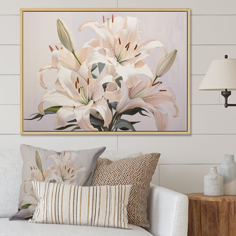 Lys blancs en fleur II sur toile, Cadre photo blanc, 16" H x 32" W