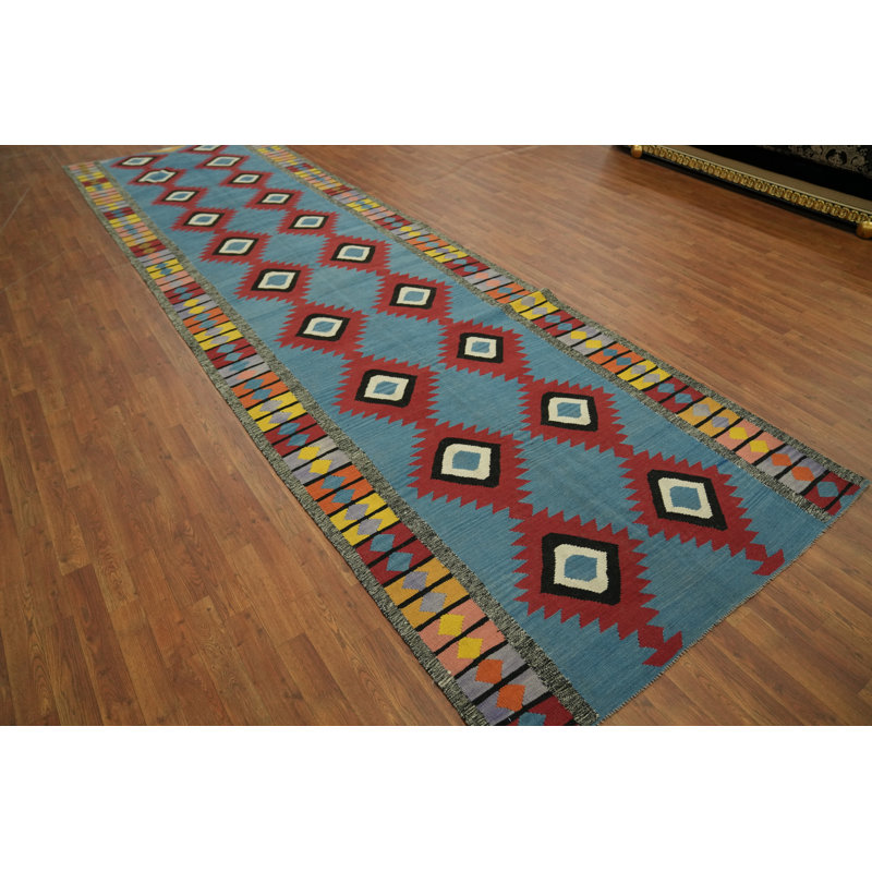 Tapis de couloir oriental bleu Kilim