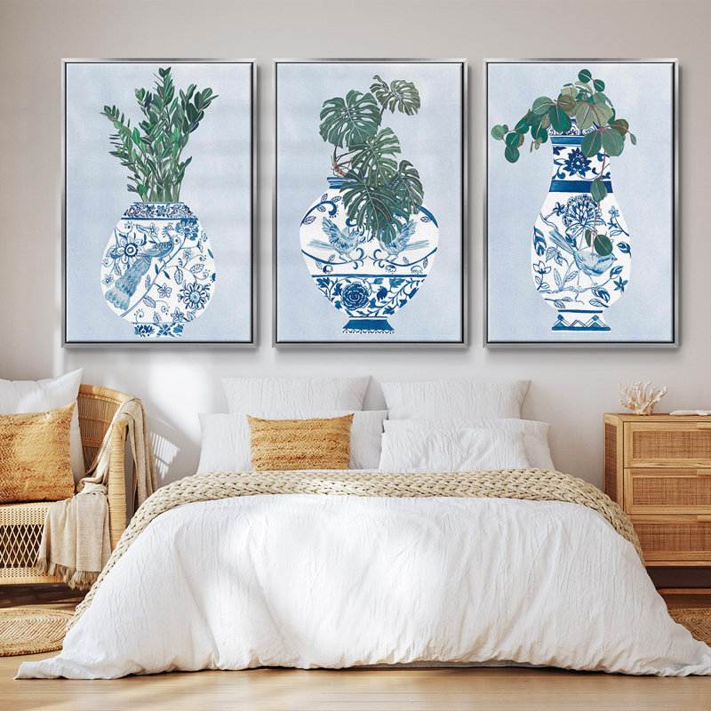 Ensemble de 3 vases encadrés sur toile Moonlight, Argent, H 40 po x l 78 po