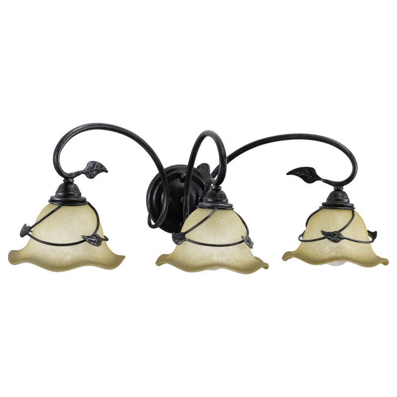 Luminaire de meuble-lavabo rustique en schiste huilé à 3 lumières de 27,5 po de largeur Mia, abat-jour en verre festonné ambré, motif Mia et feuille, à intensité variable, compatible avec DEL, fixation murale au-dessus du miroir