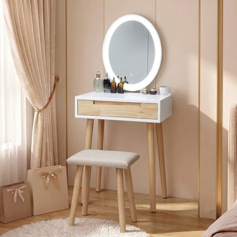 60cm Desktop Dressing Table With Led Lighted Mirror, Makeup Vanity Desk With Stool and Drawer, Beige
