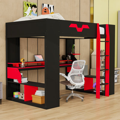 Full Wood Loft Bed with RGB LED Lights, Built-In Desk, and Storage