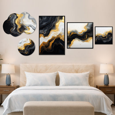 Gold & Black Marble Essence I – Large Abstract Wall Art, Metal and Framed Canvas Print 5 Piece Set (100" x 40")