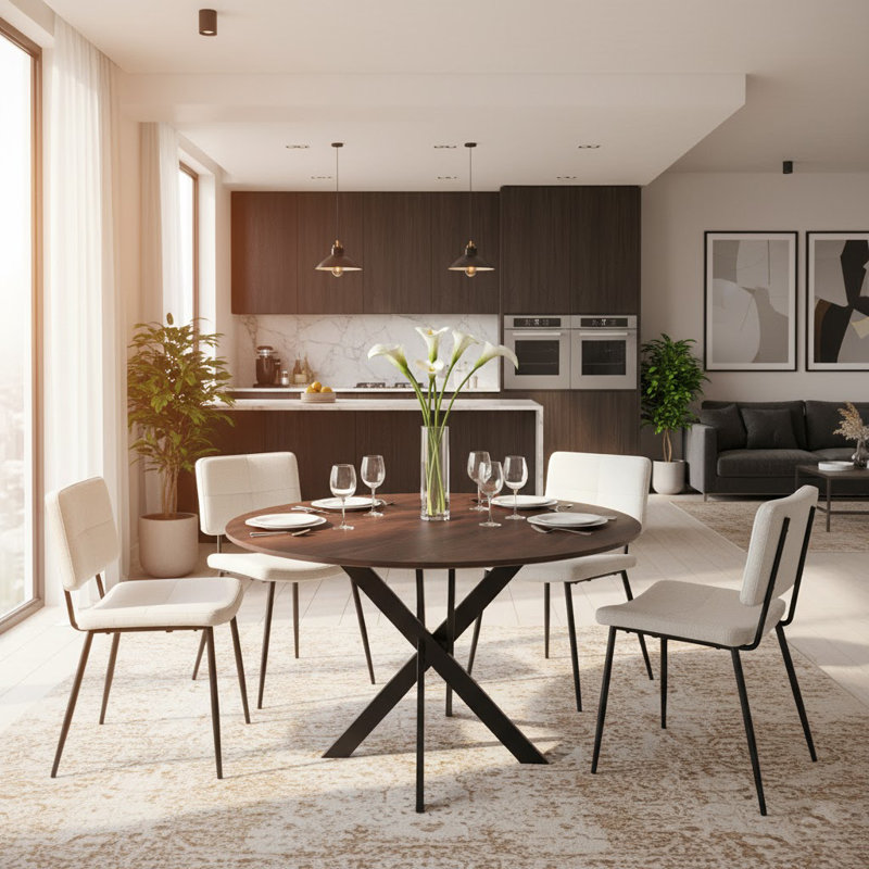 5-Piece Round Dining Table Set For 4, Walnut MDF Top With Black Metal Legs And Upholstered Beige Chairs, Modern Kitchen & Dining Room Set