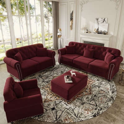 Canapé Chesterfield moderne avec accoudoirs roulés 3 + 2 + 1 en velours avec garniture cloutée et accoudoirs roulés, avec 1 repose-pieds