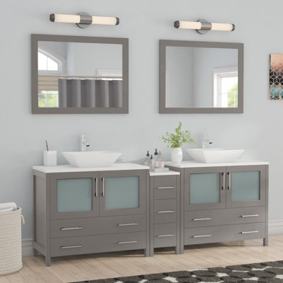  Wooden 84" Freestanding Double Sink Bathroom Vanity with Engineered Marble Top and Matching Mirrors