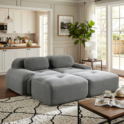 80.3" Modular Corduroy Living Room Set with Deep Seats, Movable Ottoman and Curved Arms, Gray