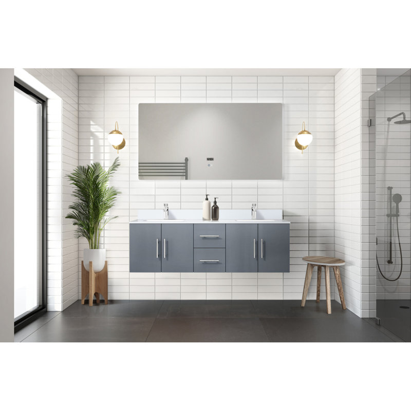 Meuble-lavabo double 60 po X P 22 po D, plateau en marbre de culture et robinet, Gris foncé