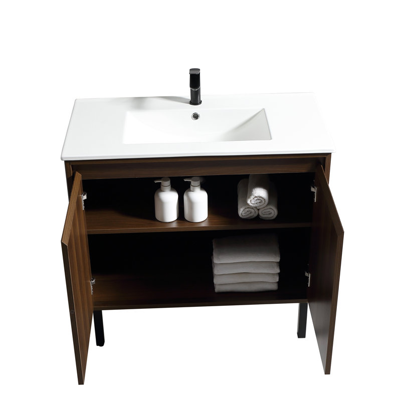 Meuble-lavabo autoportant Valdren de 36 po avec lavabo en céramique intégré, Noyer, 36