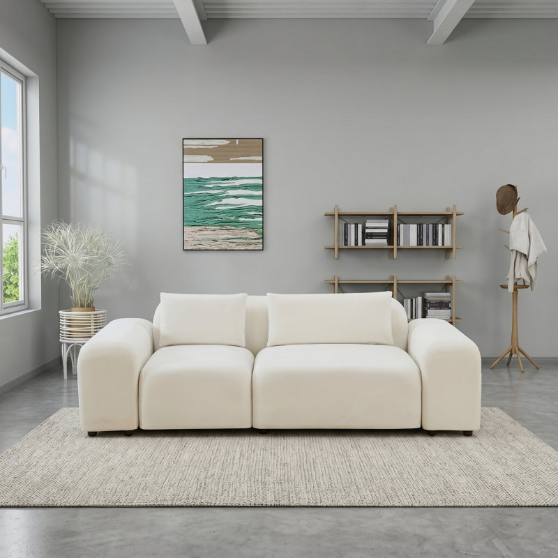 Canapé modulaire crème blanc nuage, causeuse 2 places en tissu doux avec rangement latéral et coussins pour le salon