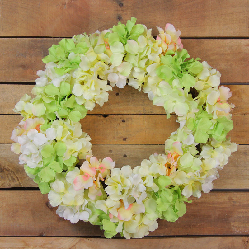 Couronne florale d'hortensia, H 4 po x l 16 po x P 4 po, Vert et rose