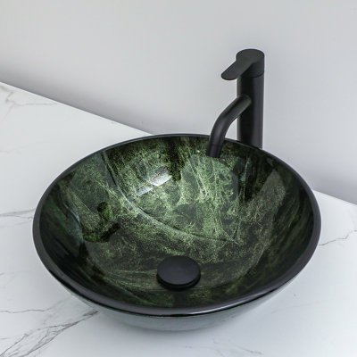 16.5" Glass Circular Vessel Bathroom Sink with Pop-Up Drain and Faucet