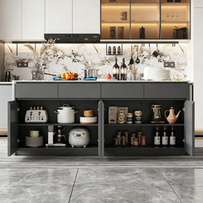 Îlot de cuisine moderne avec plateau en pierre frittée, grande armoire multifonctionnelle pour îlot de rangement, table de cuisine contemporaine avec armoires et étagères pour un usage domestique