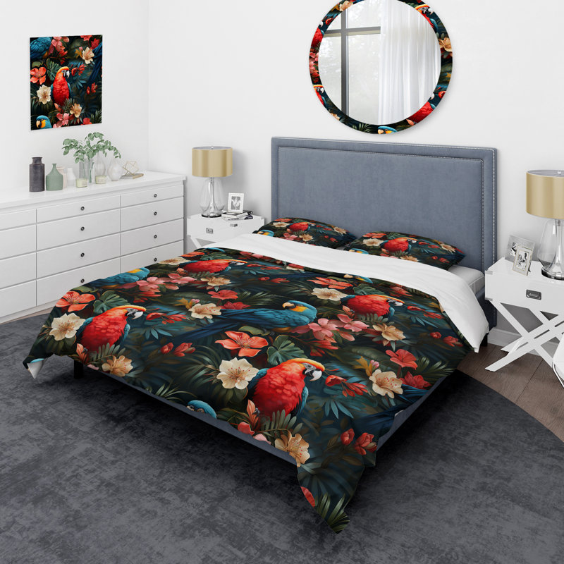 Ensemble de housse de couette Tropical Sunset Colors Parrots II, Housse de couette pour très grand lit et 2 très