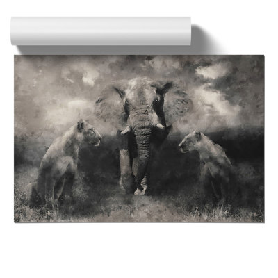 Elephant With Lions - No Frame Print